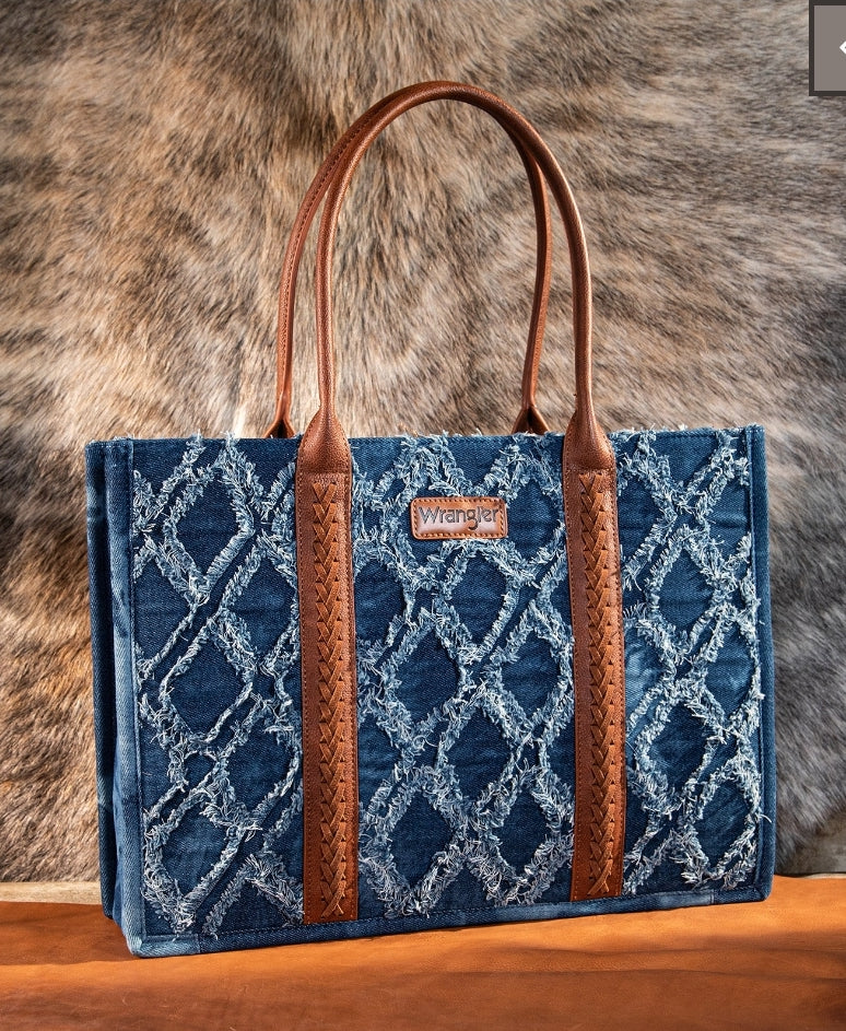 WG2202-8119 Wrangler Denim Frayed Fringed Design Dual Sided Canvas Wide Denim Tote
