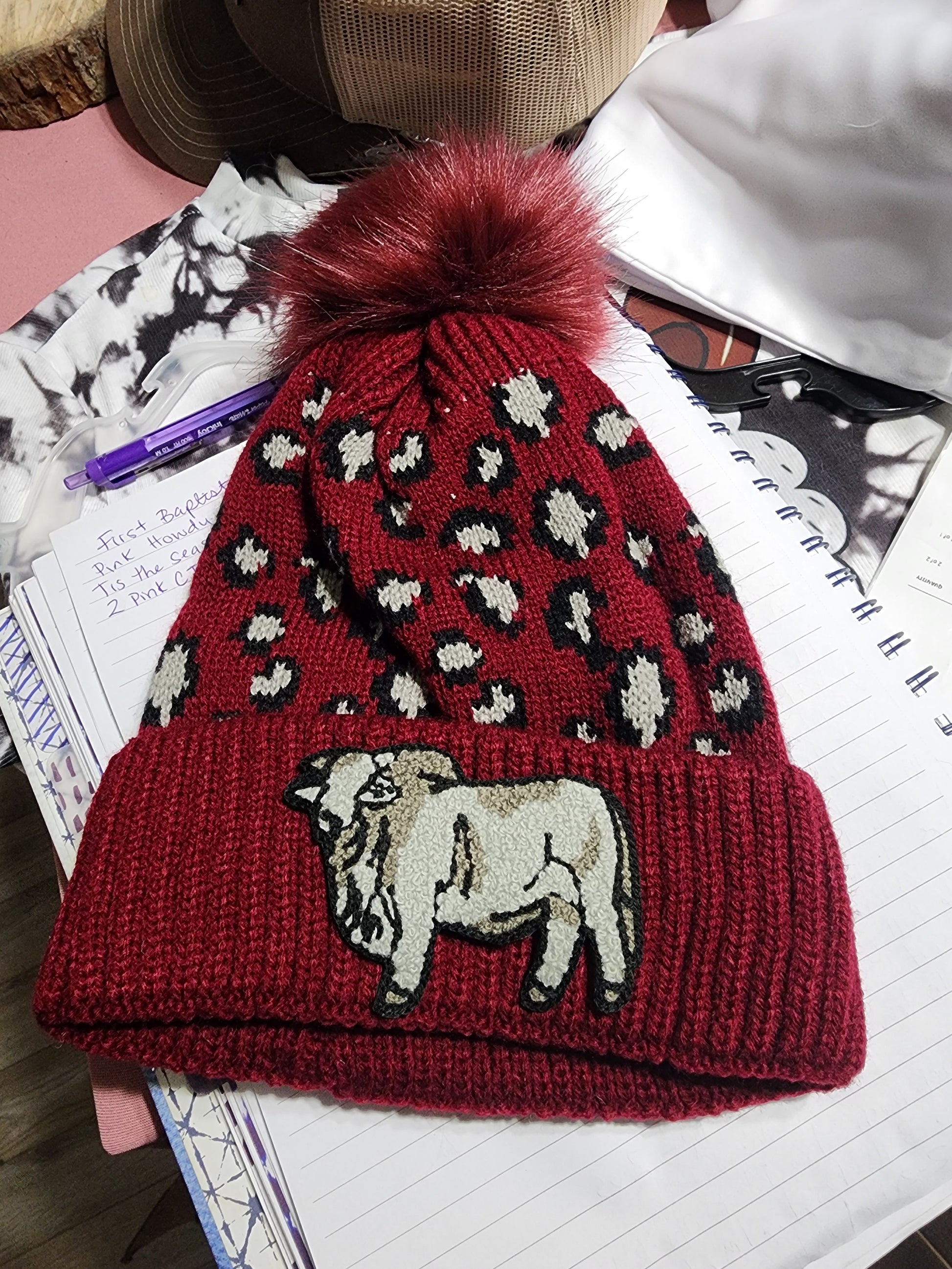Cozy Warm Brahman leopard knit beanie with pom