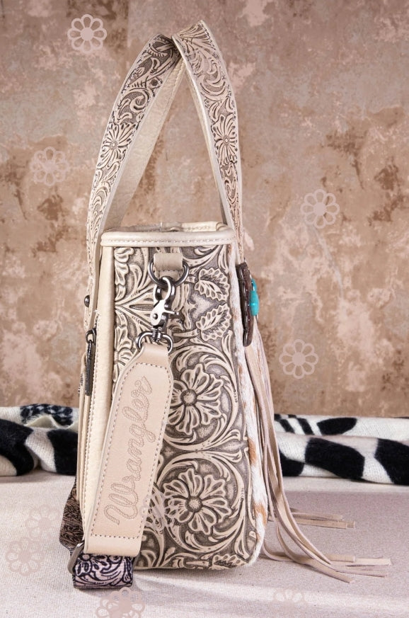 Concealed Carry Hair on Hide wrangler bag with additional strap. Fringe & Turquoise details