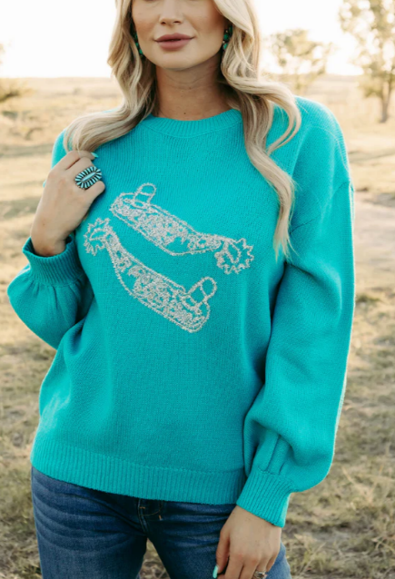 Queen of Spurs Teal Knit Tinsel sweater