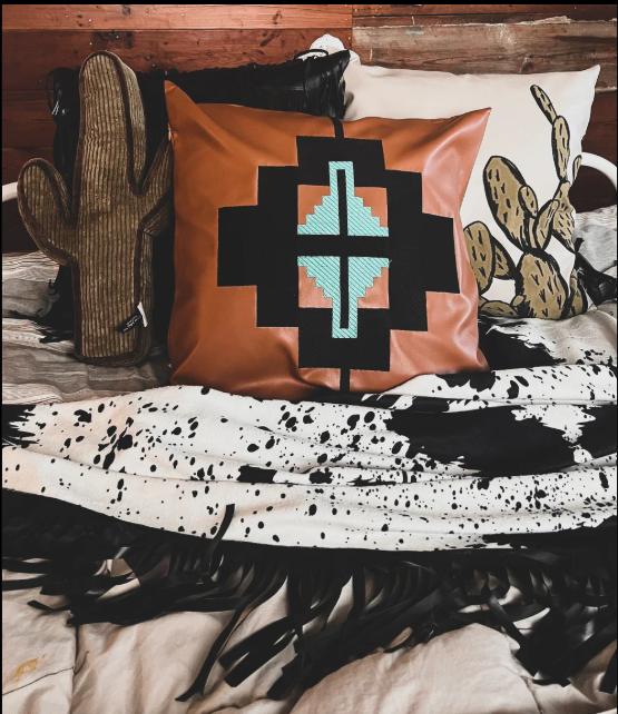 Western  Aztec Faux leather western pillow