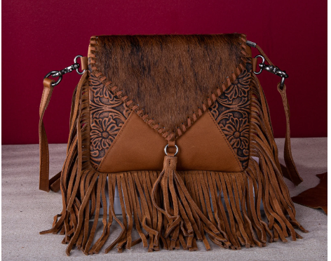 Montana West Genuine Leather Hair-On Cowhide Fringe Bohemian Crossbody - Brown