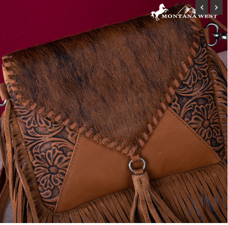 Montana West Genuine Leather Hair-On Cowhide Fringe Bohemian Crossbody - Brown