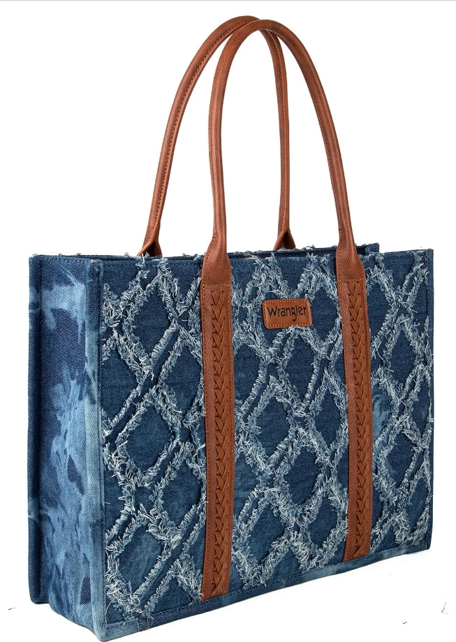 WG2202-8119 Wrangler Denim Frayed Fringed Design Dual Sided Canvas Wide Denim Tote