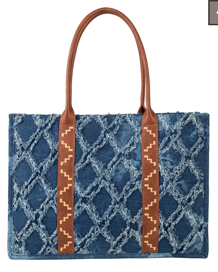 WG2202-8119 Wrangler Denim Frayed Fringed Design Dual Sided Canvas Wide Denim Tote