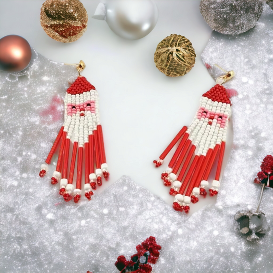 Hand beaded Santa red and white Christmas earrings