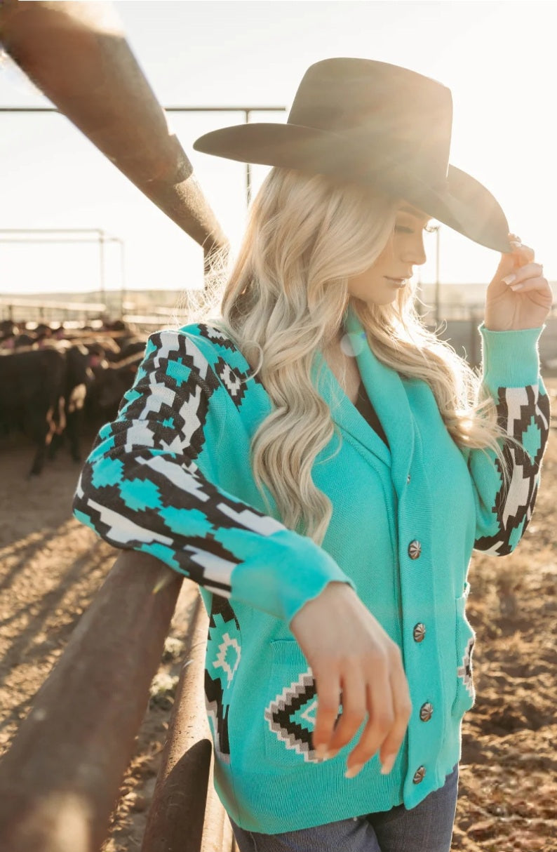 Rodeo Ready Turquoise & Aztec Knit sweater