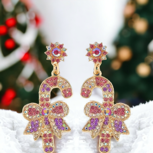 Pink Candy Cane Sparkle Christmas Earrings