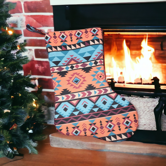 Artisan Made Peach Holiday stocking featuring Aztec design