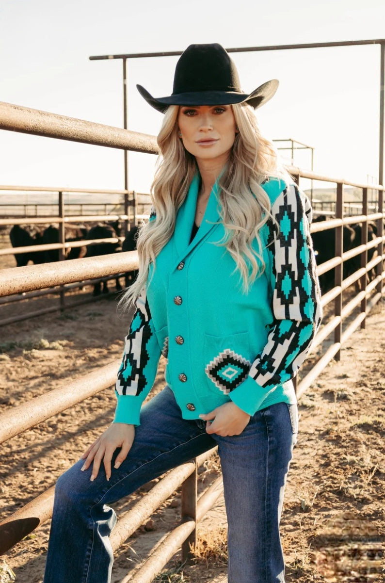 Rodeo Ready Turquoise & Aztec Knit sweater