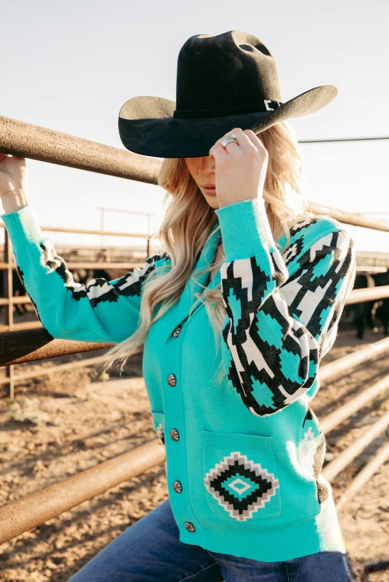 Rodeo Ready Turquoise & Aztec Knit sweater
