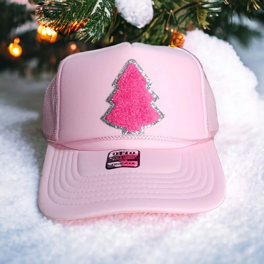 Chenille patch christmas tree trucker hat