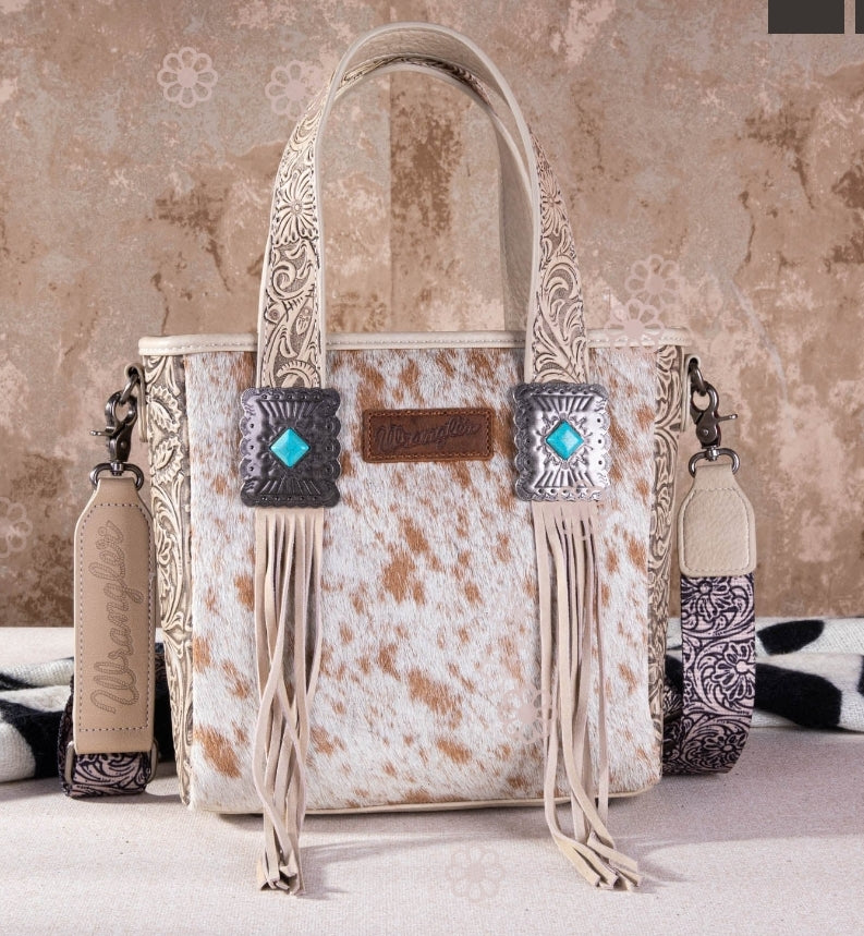 Concealed Carry Hair on Hide wrangler bag with additional strap. Fringe & Turquoise details