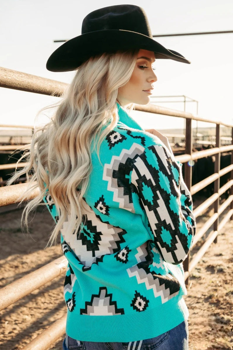 Rodeo Ready Turquoise & Aztec Knit sweater