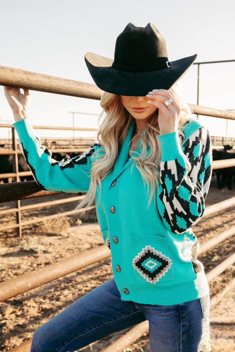 Rodeo Ready Turquoise & Aztec Knit sweater