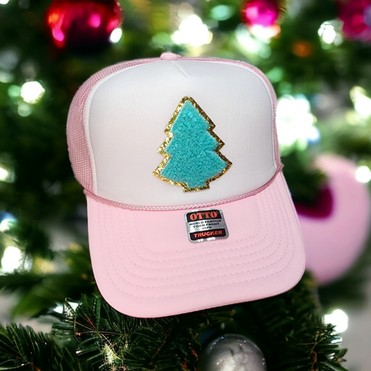 Mint christmas tree patch trucker hat in pink